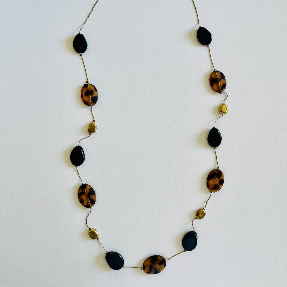 Vintage Tortoise Gold Black Onyx Resin Long Necklace